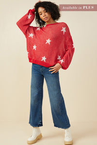 HY9517W Red Plus Star Print Loose Knit Sweater Top Pose