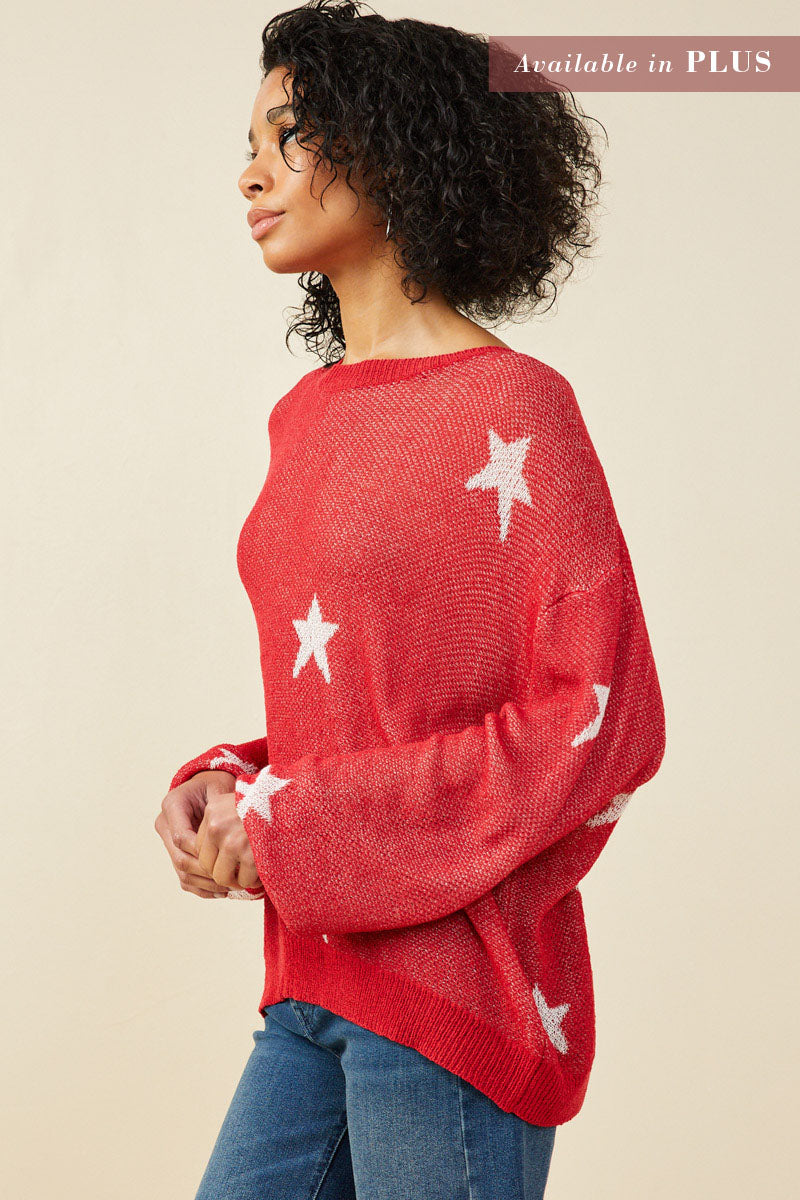 HY9517W Red Plus Star Print Loose Knit Sweater Top Side