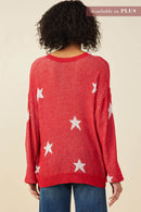 HY9517W Red Plus Star Print Loose Knit Sweater Top Back