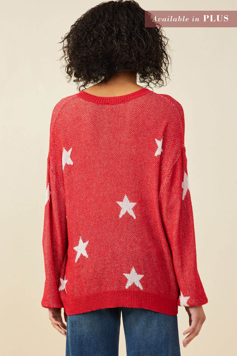 HY9517W Red Plus Star Print Loose Knit Sweater Top Back