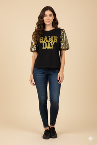 HY9581 Black Womens Gameday Contrast Sequin Sleeve Jersey T Shirt Pose