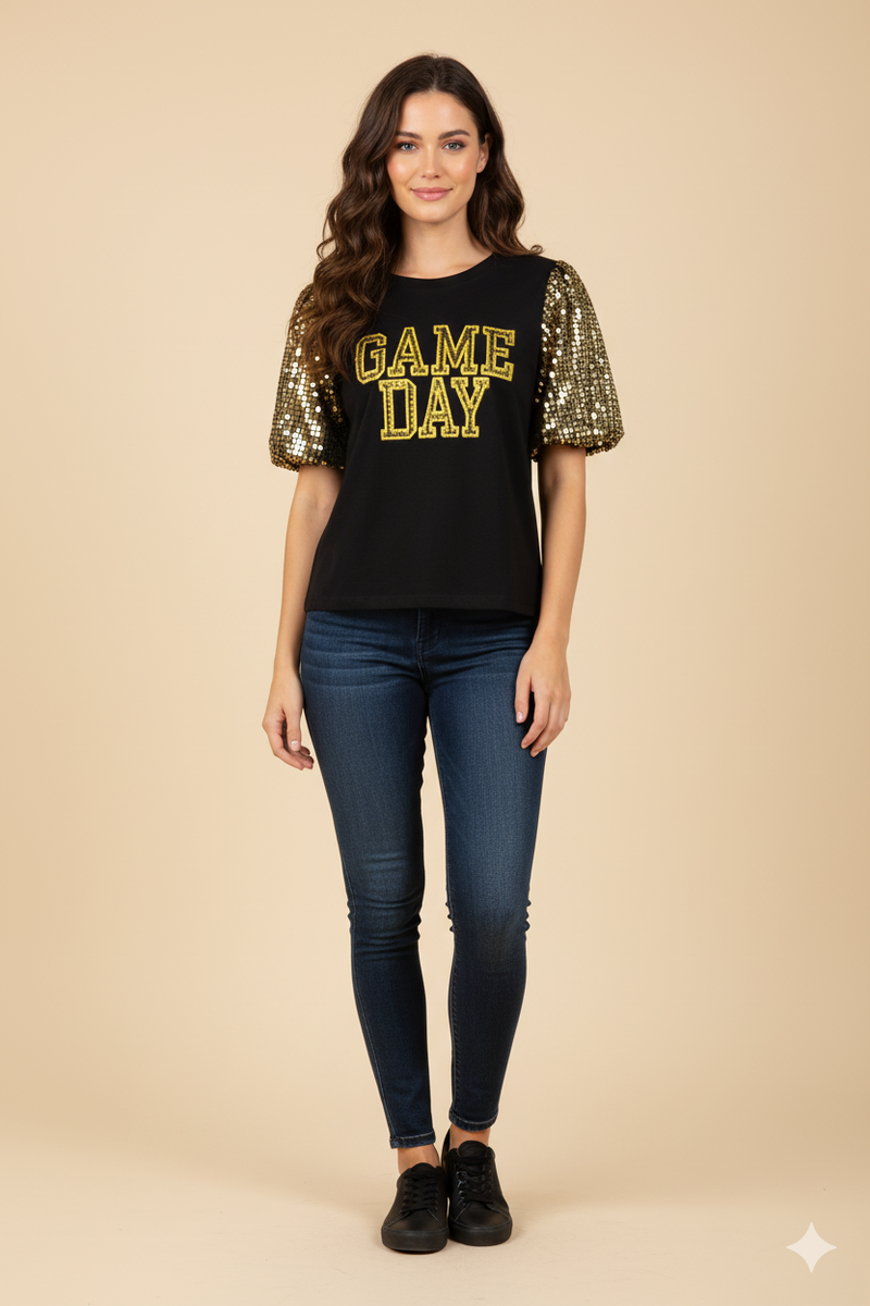 HY9581 Black Womens Gameday Contrast Sequin Sleeve Jersey T Shirt Pose