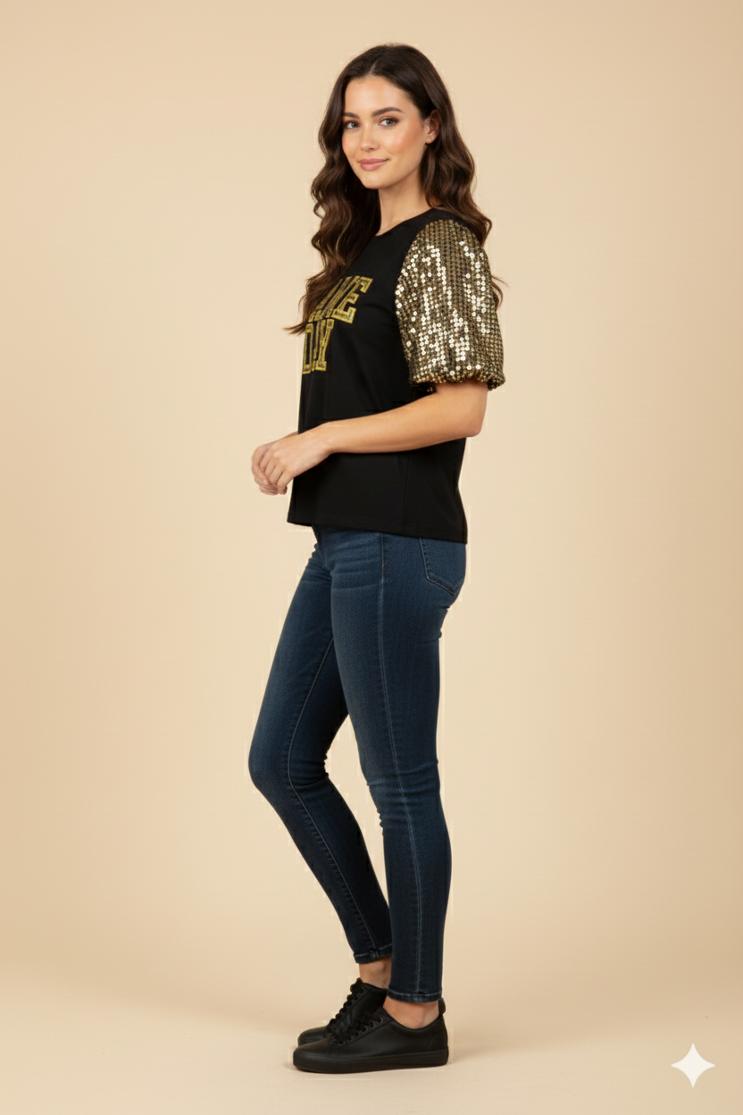 HY9581 Black Womens Gameday Contrast Sequin Sleeve Jersey T Shirt Side