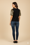HY9581 Black Womens Gameday Contrast Sequin Sleeve Jersey T Shirt Back