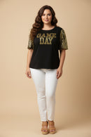 HY9581W Black Plus Gameday Contrast Sequin Sleeve Jersey T Shirt Pose