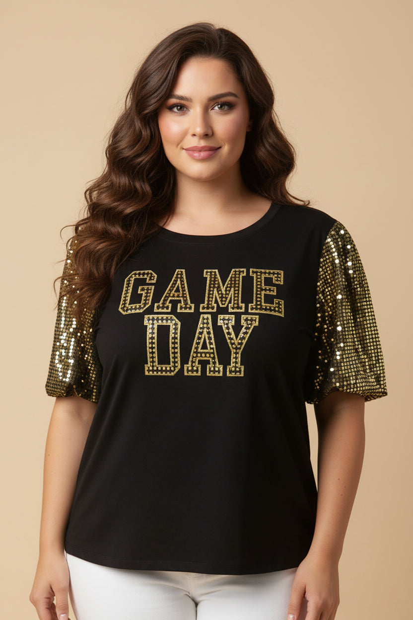 HY9581W Black Plus Gameday Contrast Sequin Sleeve Jersey T Shirt Front