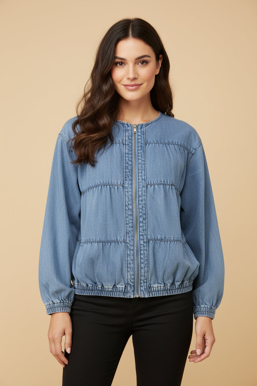 HY9770 Light Denim Womens Gathered Detail Batwing Sleeve Denim Jacket Front