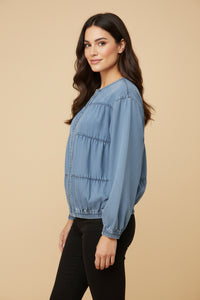 HY9770 Light Denim Womens Gathered Detail Batwing Sleeve Denim Jacket Side