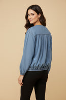 HY9770 Light Denim Womens Gathered Detail Batwing Sleeve Denim Jacket Back