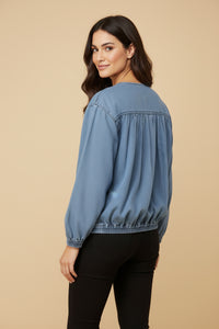 HY9770 Light Denim Womens Gathered Detail Batwing Sleeve Denim Jacket Back