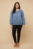 HY9770W Light Denim Plus Gathered Detail Batwing Sleeve Denim Jacket Pose