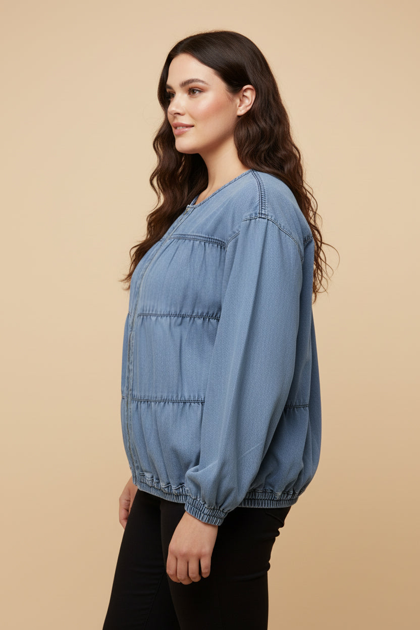 HY9770W Light Denim Plus Gathered Detail Batwing Sleeve Denim Jacket Side