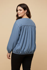 HY9770W Light Denim Plus Gathered Detail Batwing Sleeve Denim Jacket Back