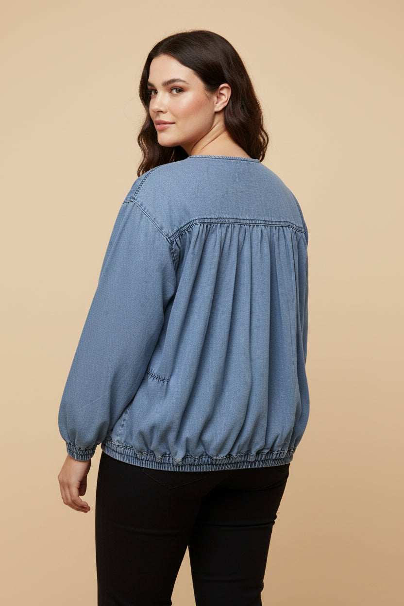 HY9770W Light Denim Plus Gathered Detail Batwing Sleeve Denim Jacket Back
