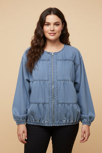 HY9770W Light Denim Plus Gathered Detail Batwing Sleeve Denim Jacket Front