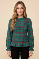 Womens Plaid Ruffle Neck Smocked Body Top