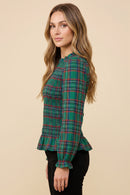 Womens Plaid Ruffle Neck Smocked Body Top