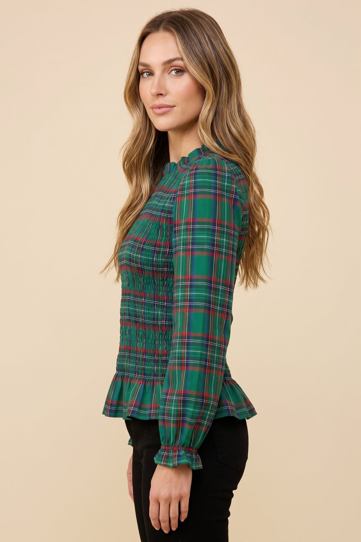 Womens Plaid Ruffle Neck Smocked Body Top