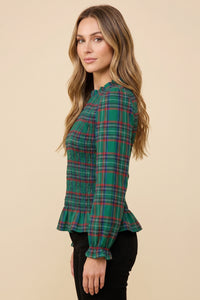 Womens Plaid Ruffle Neck Smocked Body Top