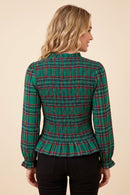 Womens Plaid Ruffle Neck Smocked Body Top