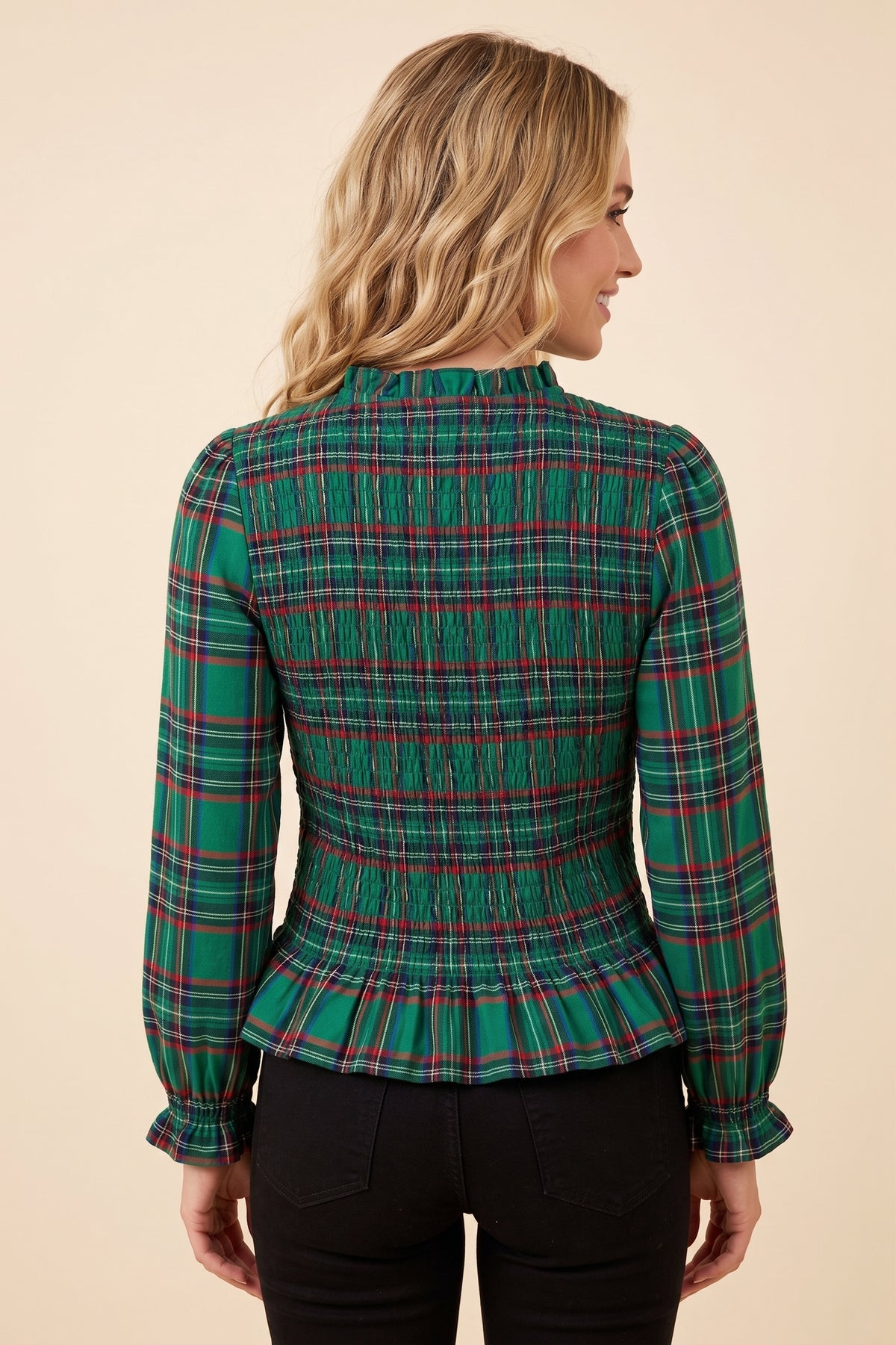 Womens Plaid Ruffle Neck Smocked Body Top