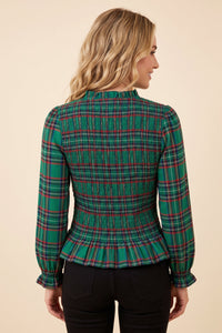 Womens Plaid Ruffle Neck Smocked Body Top