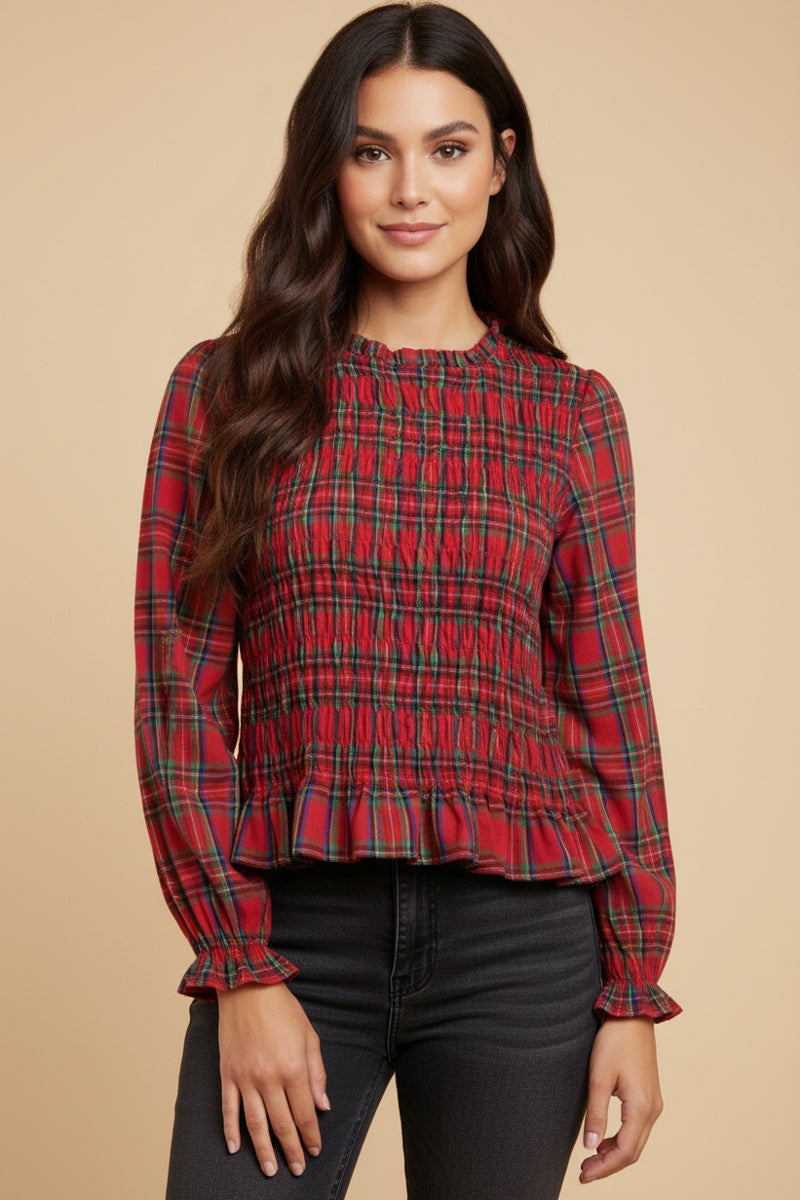 Womens Plaid Ruffle Neck Smocked Body Top