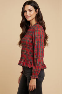 Womens Plaid Ruffle Neck Smocked Body Top