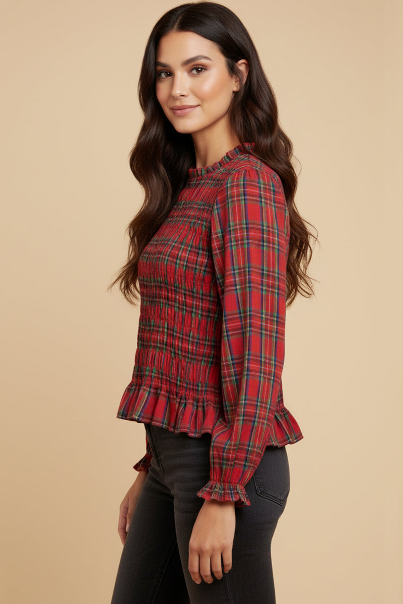 Womens Plaid Ruffle Neck Smocked Body Top