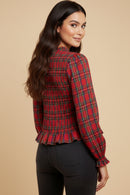 Womens Plaid Ruffle Neck Smocked Body Top