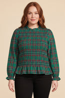 Womens Plaid Ruffle Neck Smocked Body Top