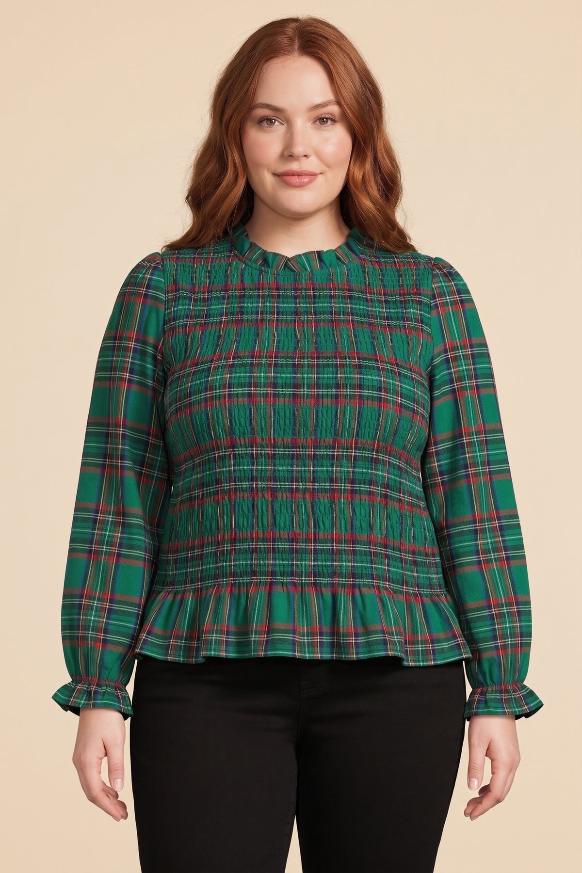 Womens Plaid Ruffle Neck Smocked Body Top