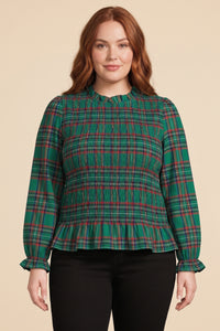 Womens Plaid Ruffle Neck Smocked Body Top