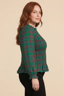 Womens Plaid Ruffle Neck Smocked Body Top