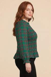 Womens Plaid Ruffle Neck Smocked Body Top