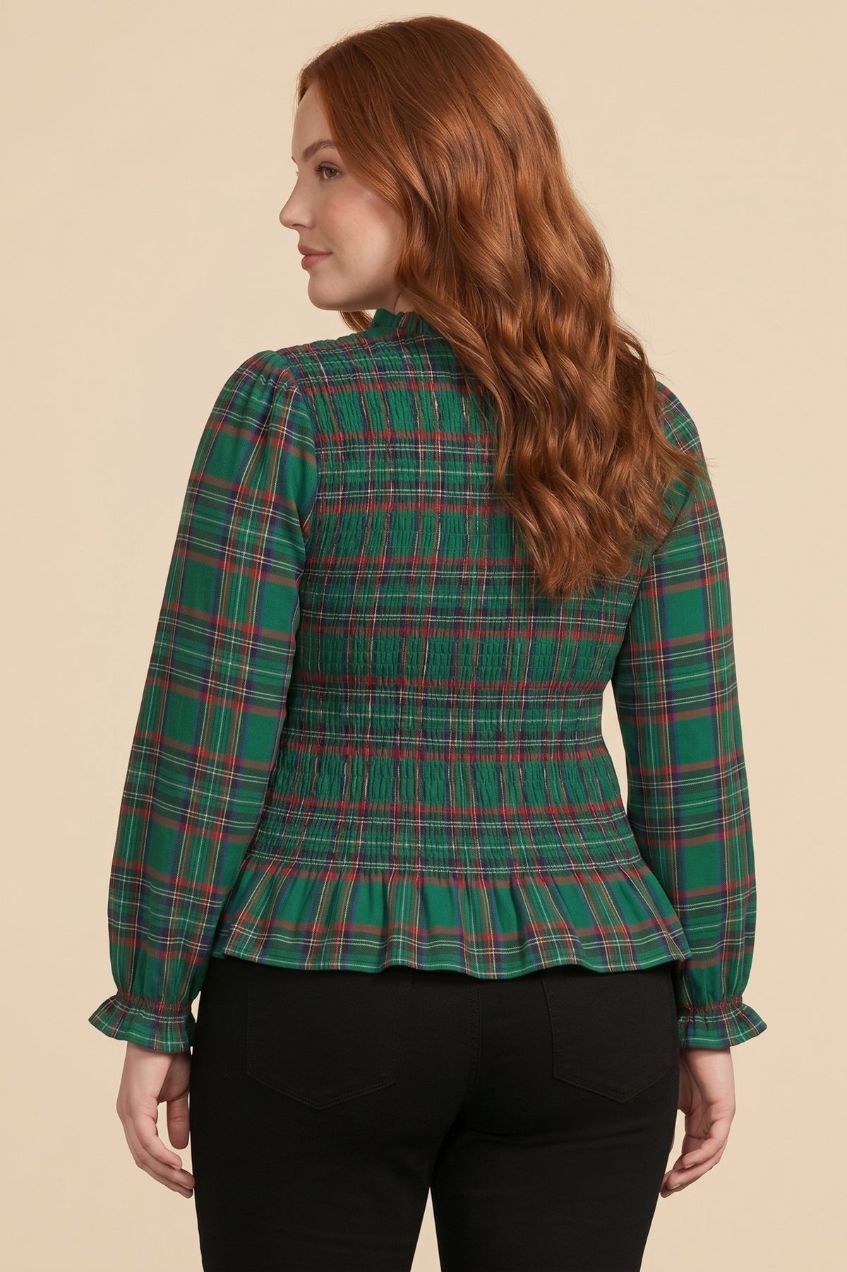 Womens Plaid Ruffle Neck Smocked Body Top