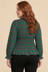 Womens Plaid Ruffle Neck Smocked Body Top