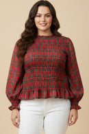 Womens Plaid Ruffle Neck Smocked Body Top