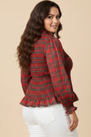 Womens Plaid Ruffle Neck Smocked Body Top