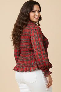 Womens Plaid Ruffle Neck Smocked Body Top