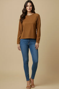 Studded Detailed Long Sleeve Suede T Shirt