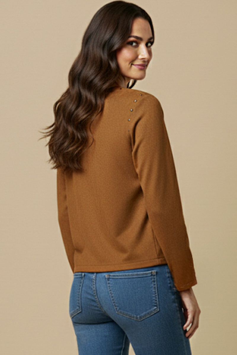 Studded Detailed Long Sleeve Suede T Shirt