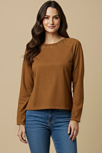 Studded Detailed Long Sleeve Suede T Shirt