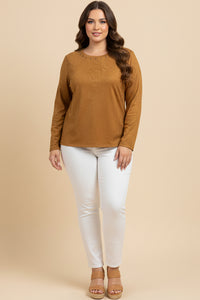 Studded Detailed Long Sleeve Suede T Shirt