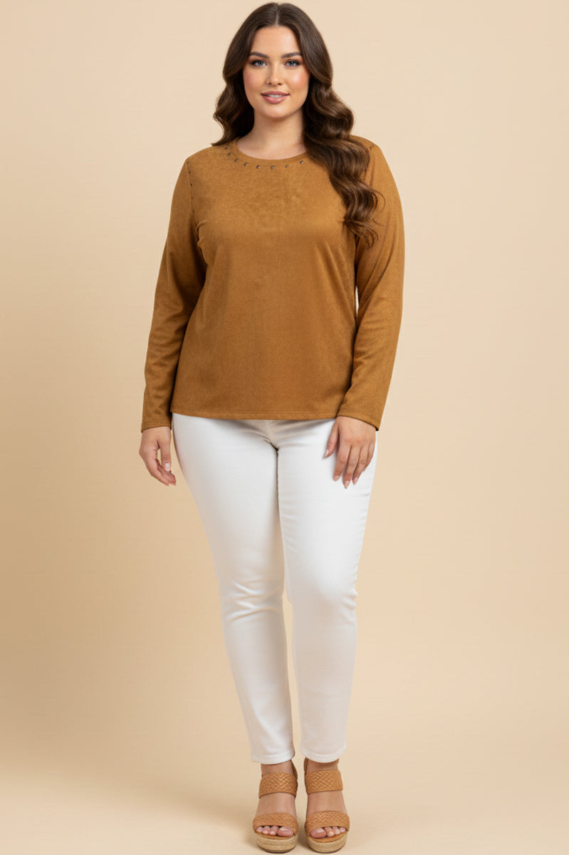 Studded Detailed Long Sleeve Suede T Shirt