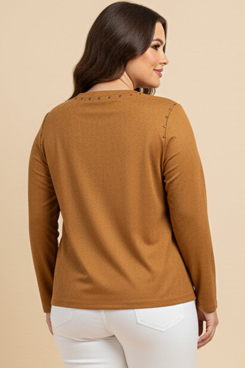 Studded Detailed Long Sleeve Suede T Shirt