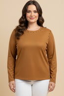 Studded Detailed Long Sleeve Suede T Shirt