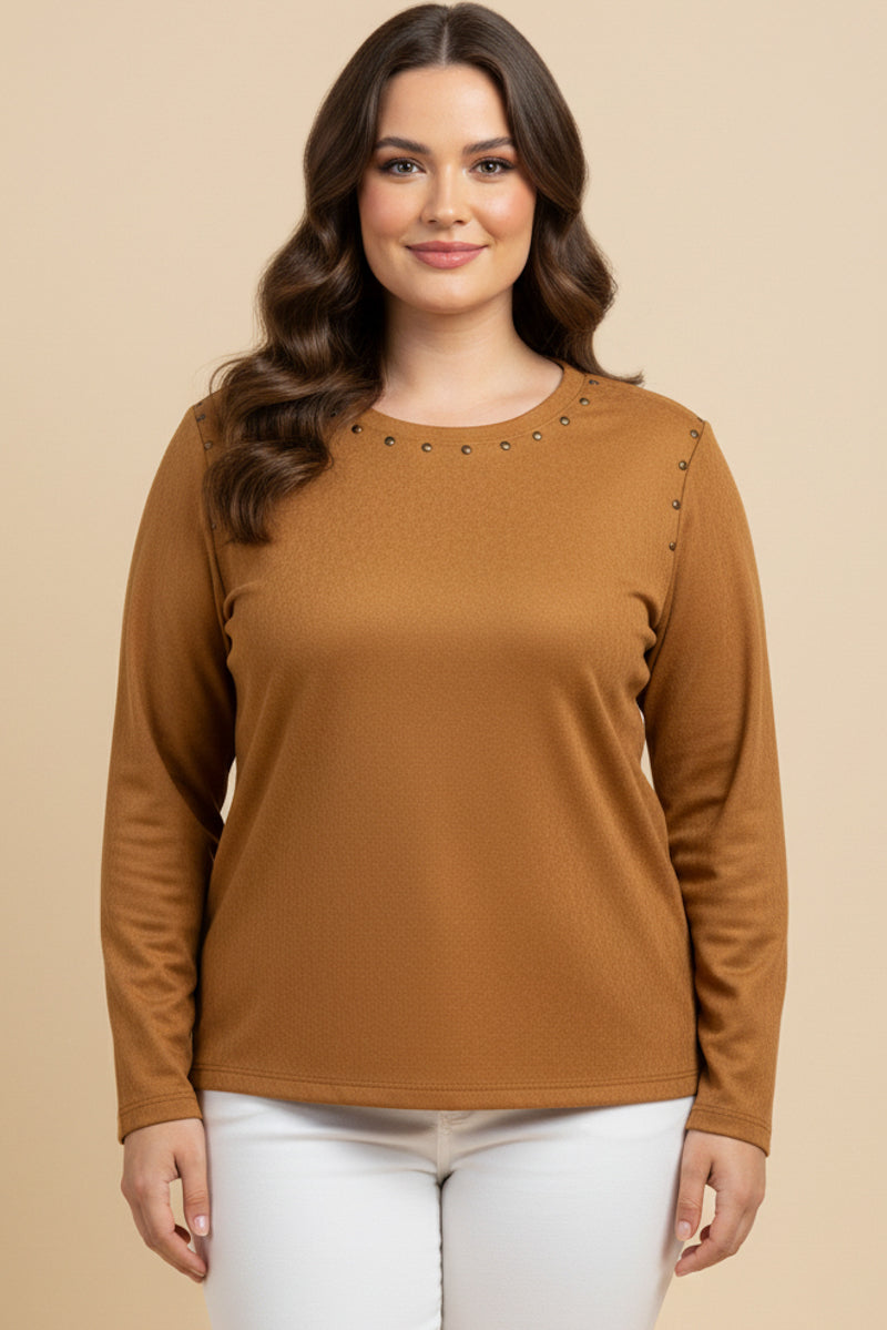 Studded Detailed Long Sleeve Suede T Shirt