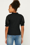 G11107- Black Pleated Cinched Sleeve Top Front