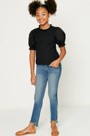 G11107-Black Pleated Cinched Sleeve Top Back